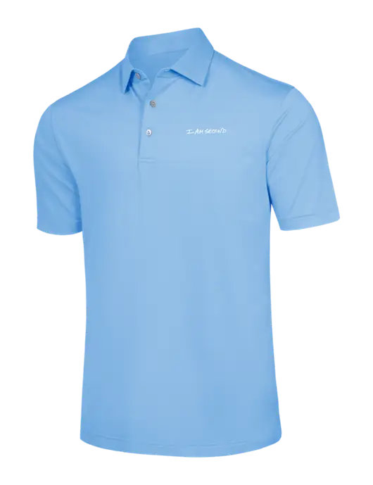 Peter Millar Light Blue Solid Performance Polo - Self Collar w/I Am Second Logo