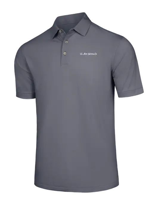Peter Millar Navy Jubilee Striped Performance Polo w/I Am Second Logo