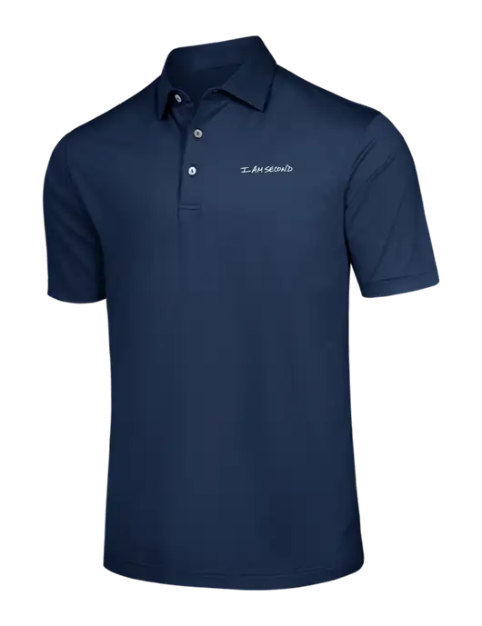 Peter Millar Navy Solid Performance Polo - Self Collar w/I Am Second Logo
