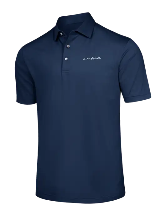 Peter Millar Navy Solid Performance Polo - Self Collar w/I Am Second Logo