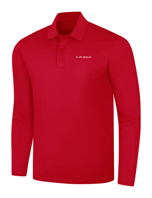 Red Silk Touch Performance Long Sleeve Polo w/I Am Second Logo