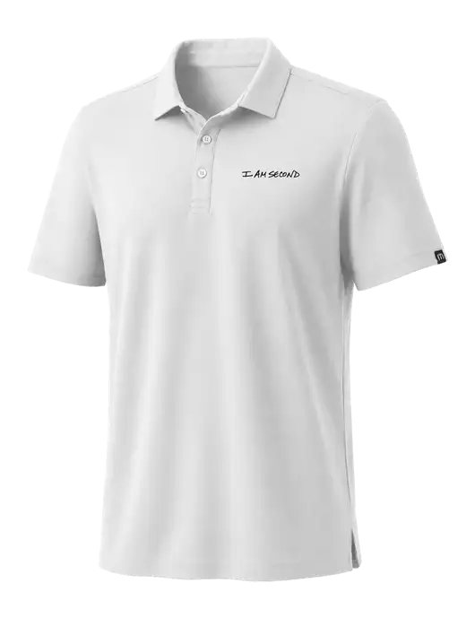 TravisMathew White Coto Performance Polo w/I Am Second Logo