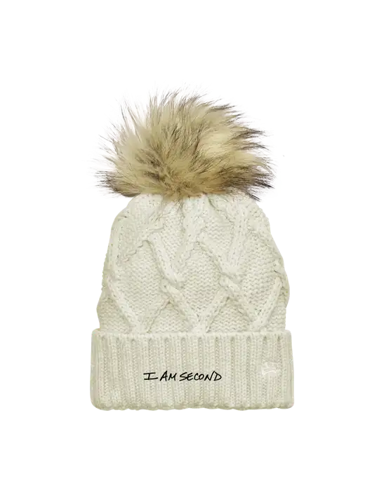 New Era Ivory Faux Fur Pom Beanie w/I Am Second Logo