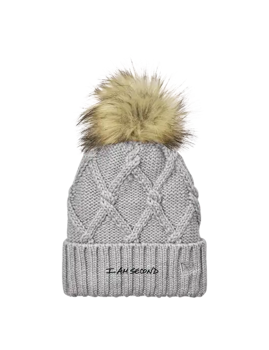 New Era Light Grey Faux Fur Pom Beanie w/I Am Second Logo