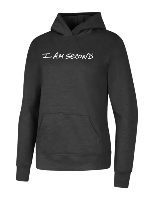 Womens Dark Grey Heather Core Fleece Pullover Hooded Sweatshirt w/I Am Second Logo