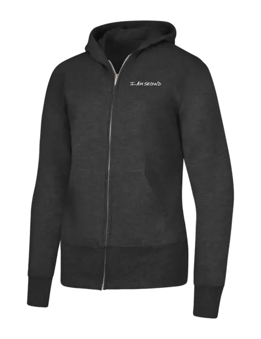 Dark Heather Grey Womens Core Fleece Full-Zip Hooded Sweatshirt w/I Am Second Logo