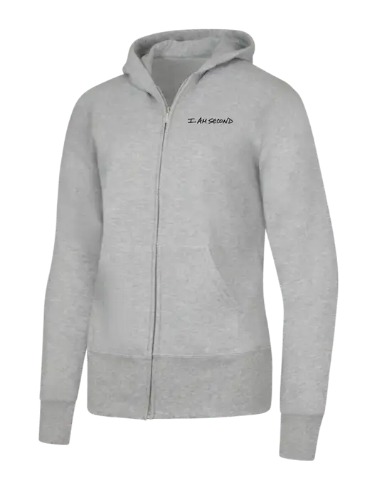 Grey Heather Womens Core Fleece Full-Zip Hooded Sweatshirt w/I Am Second Logo