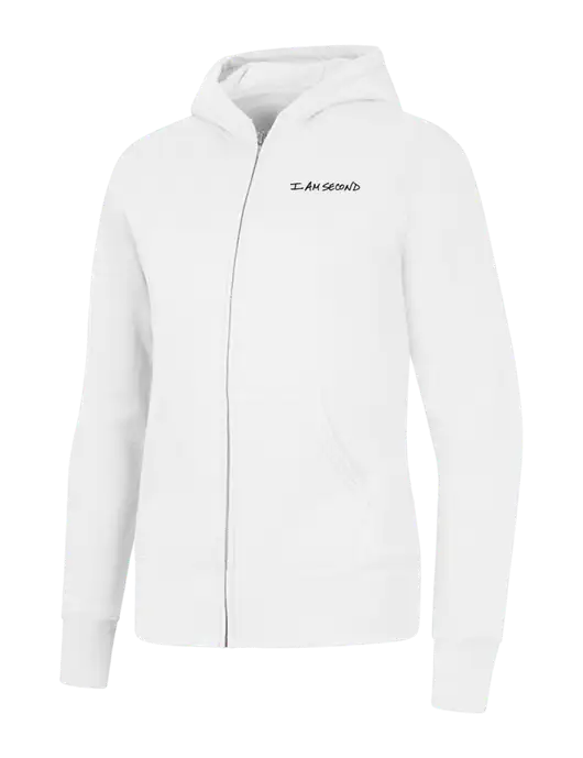 White Womens Core Fleece Full-Zip Hooded Sweatshirt w/I Am Second Logo