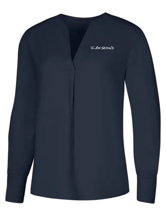 Brooks Brothers Womens Dark Navy Open-Neck Satin Blouse  w/I Am Second Logo