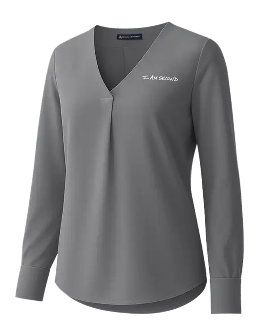 Brooks Brothers Womens Medium Grey Open-Neck Satin Blouse  w/I Am Second Logo