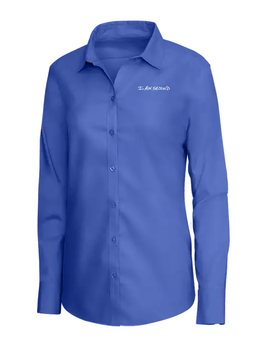 Brooks Brothers Womens Royal Blue Wrinkle-Free Stretch Nailhead Shirt w/I Am Second Logo