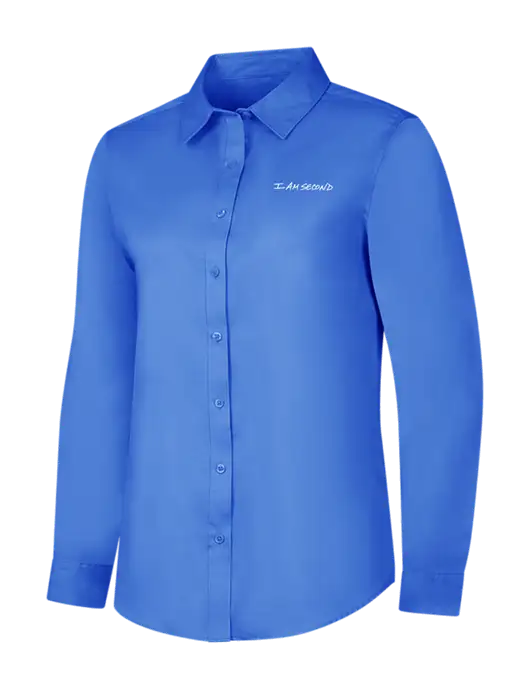 Dark Carolina Blue Womens Long Sleeve Superpro React Twill Shirt w/I Am Second Logo