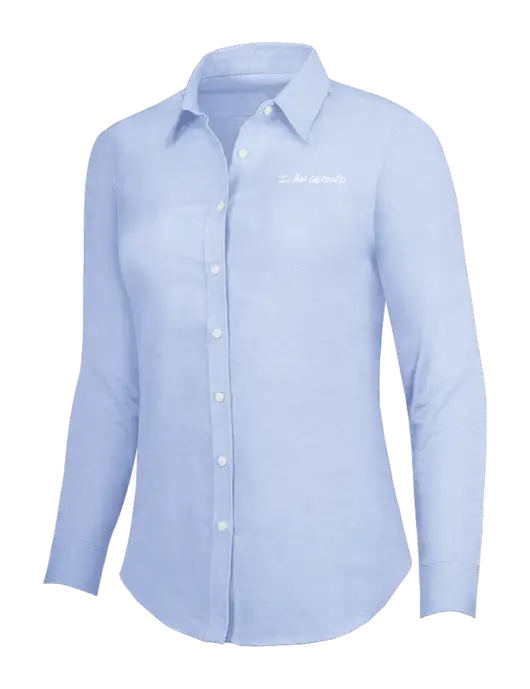 Light Blue Womens SuperPro Oxford Shirt w/I Am Second Logo