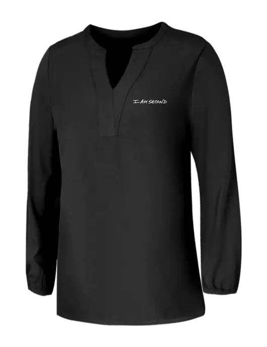 Mercer+Mettle Womens Deep Black Stretch Crepe 3/4 Sleeve Blouse w/I Am Second Logo
