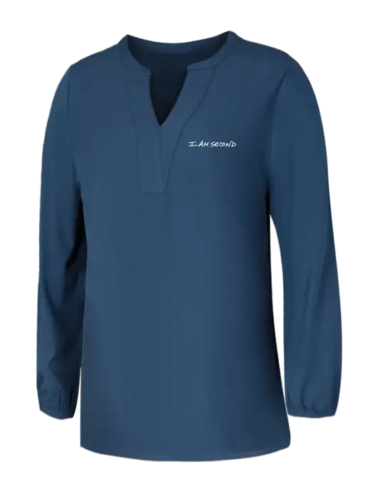 Mercer+Mettle Womens Light Navy Blue Grey Stretch Crepe 3/4 Sleeve Blouse w/I Am Second Logo
