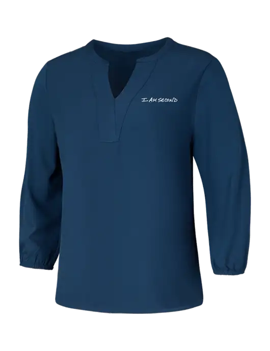 Mercer+Mettle Womens Light Navy Blue Grey Stretch Crepe 3/4 Sleeve Blouse w/I Am Second Logo