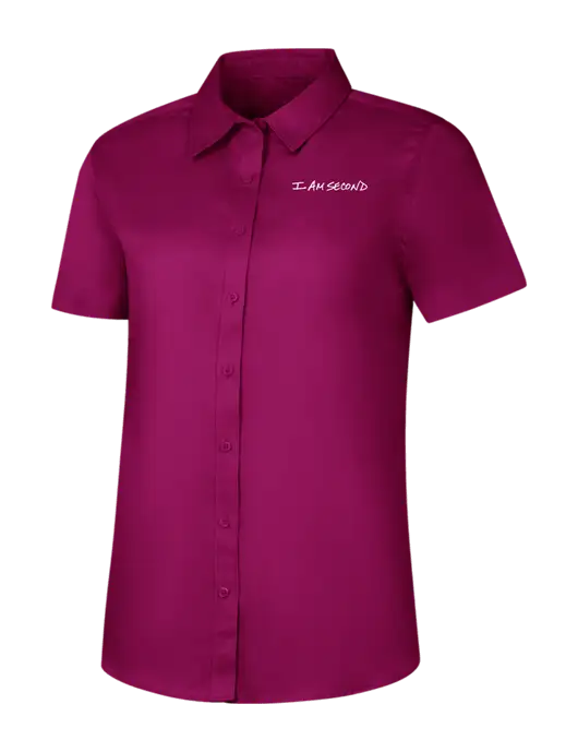 Womens Dark Fucia Short Sleeve Superpro React Twill Shirt w/I Am Second Logo