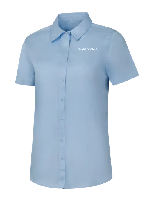 Womens Light Blue Short Sleeve Superpro React Twill Shirt w/I Am Second Logo