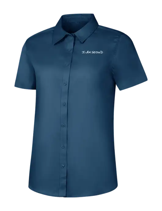 Womens Light Navy Short Sleeve Superpro React Twill Shirt w/I Am Second Logo