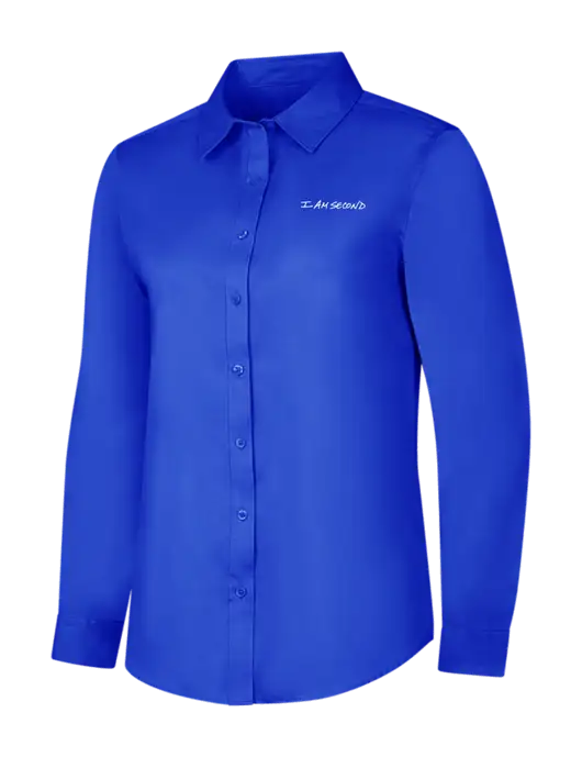 Womens Long Sleeve Dark Royal Superpro React Twill Shirt w/I Am Second Logo