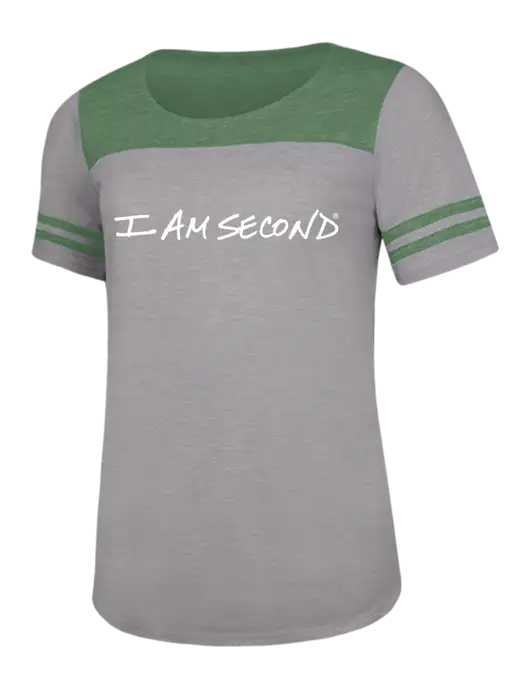 Medium Green/Light Grey Heather Womens PosiCharge Tri-Blend Wicking Tee w/I Am Second Logo