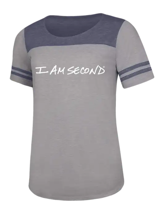 Navy Heather/Light Grey Heather Womens PosiCharge Tri-Blend Wicking Tee w/I Am Second Logo
