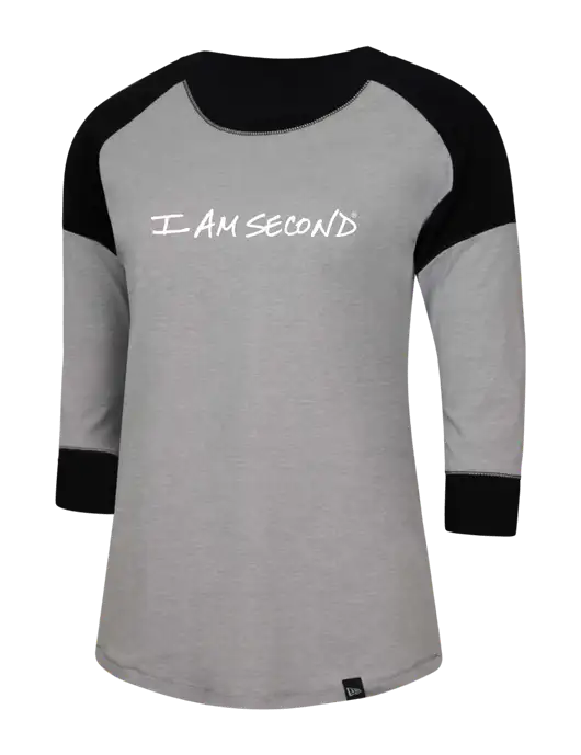 New Era Womens Black/Medium Grey Heather Heritage Blend 3/4-Sleeve Raglan Tee w/I Am Second Logo