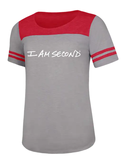 Red Heather/Light Grey Heather Womens PosiCharge Tri-Blend Wicking Tee w/I Am Second Logo