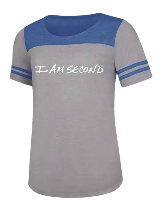 Royal Heather/Light Grey Heather Womens PosiCharge Tri-Blend Wicking Tee w/I Am Second Logo