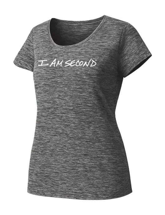 Womens Dark Grey/Black Heather PosiCharge Electric Sporty Tee w/I Am Second Logo