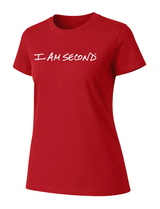 Womens Ring Spun Bright Red 4.5 oz T-Shirt w/I Am Second Logo
