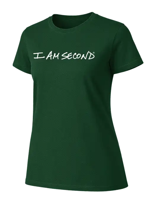Womens Ring Spun Forest Green 4.5 oz T-Shirt w/I Am Second Logo