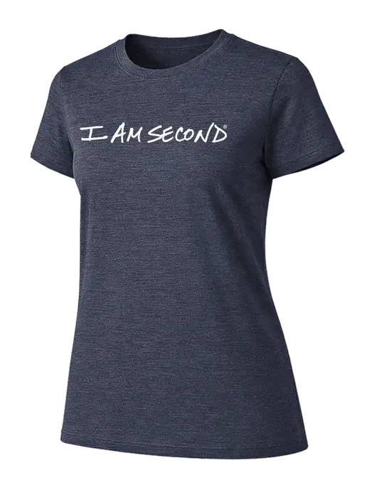 Womens Ring Spun Heather Navy 4.5 oz T-Shirt w/I Am Second Logo