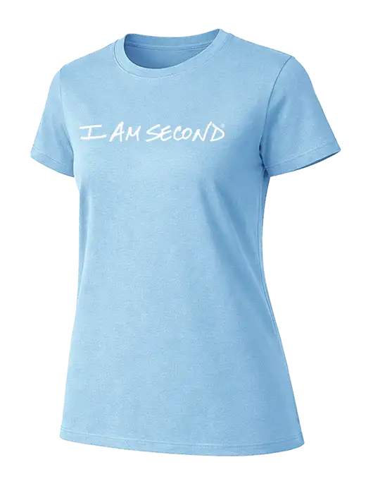 Womens Ring Spun Light Blue 4.5 oz T-Shirt w/I Am Second Logo