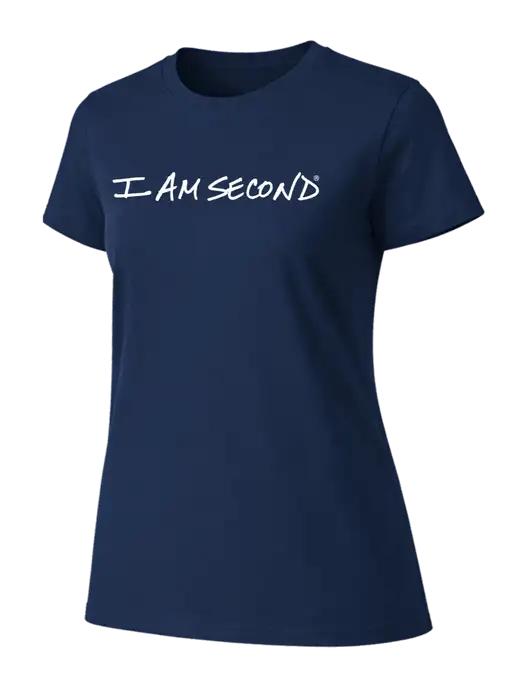 Womens Ring Spun Navy 4.5 oz T-Shirt w/I Am Second Logo