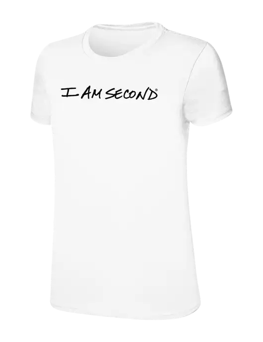 Womens Ring Spun White 4.5 oz T-Shirt w/I Am Second Logo