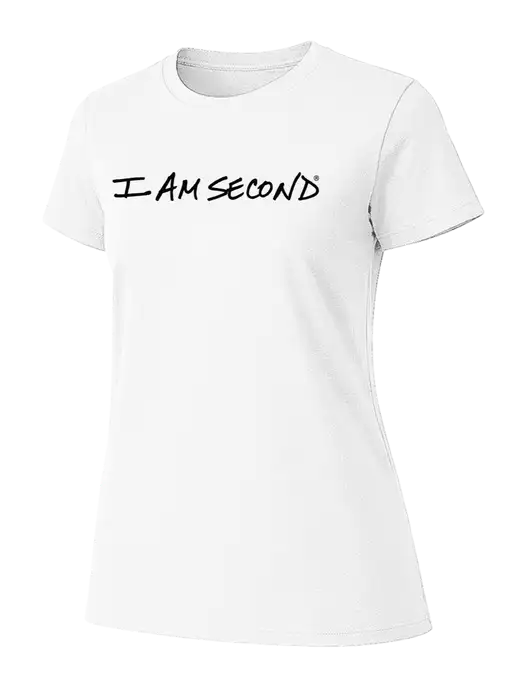 Womens Ring Spun White 4.5 oz T-Shirt w/I Am Second Logo