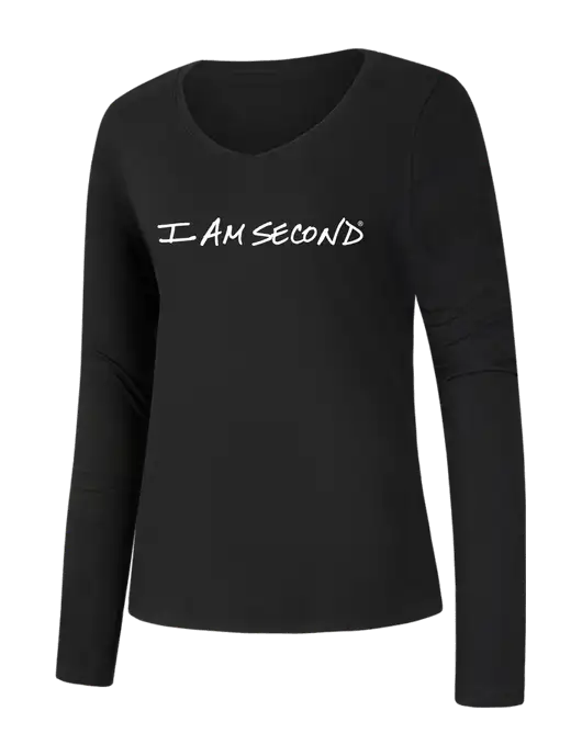 Womens Seriously Soft Black V-Neck Long Sleeve T-Shirt w/I Am Second Logo