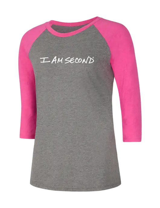 Womens Simply Soft 3/4 Sleeve Fuchsia Frost/Grey Frost Ring Spun Cotton T-Shirt w/I Am Second Logo