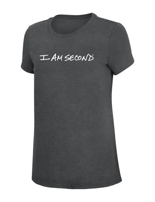 Womens Simply Soft Charcoal 4.5oz Poly/Combed Ring Spun Cotton T-Shirt w/I Am Second Logo