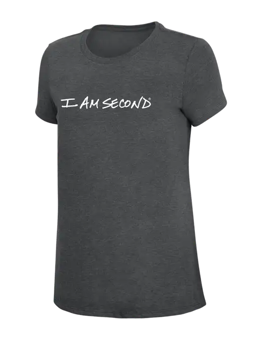 Womens Simply Soft Charcoal 4.5oz Poly/Combed Ring Spun Cotton T-Shirt w/I Am Second Logo