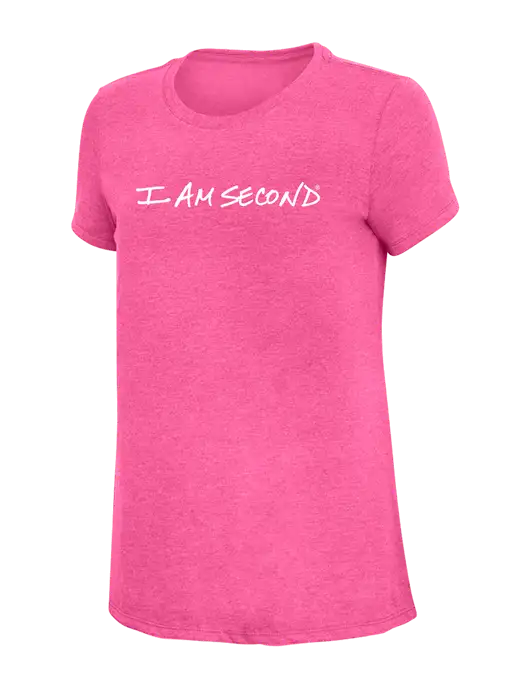 Womens Simply Soft Fuchsia Frost 4.5oz Poly/Combed Ring Spun Cotton T-Shirt w/I Am Second Logo