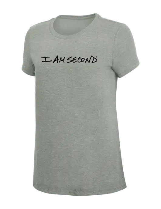 Womens Simply Soft Grey Frost 4.5oz  Poly/Combed Ring Spun Cotton T-Shirt w/I Am Second Logo