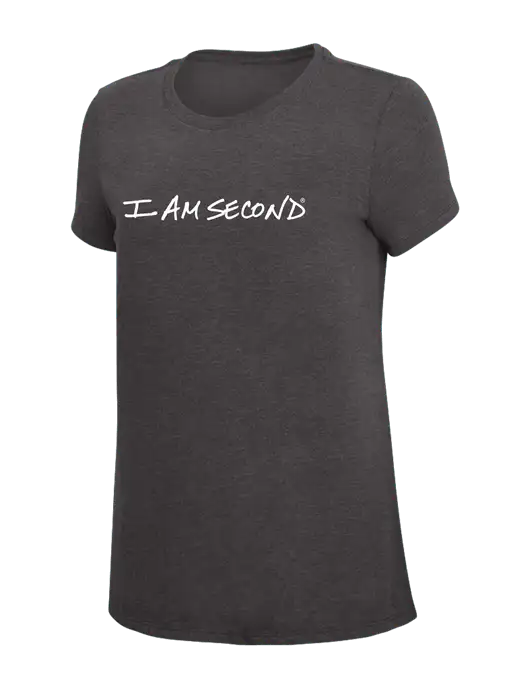 Womens Simply Soft Heather Charcoal 4.5oz  Poly/Combed Ring Spun Cotton T-Shirt w/I Am Second Logo