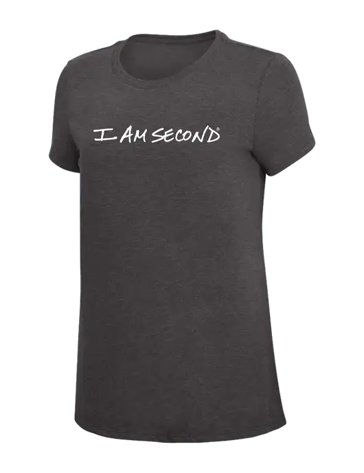 Womens Simply Soft Heather Charcoal 4.5oz  Poly/Combed Ring Spun Cotton T-Shirt w/I Am Second Logo