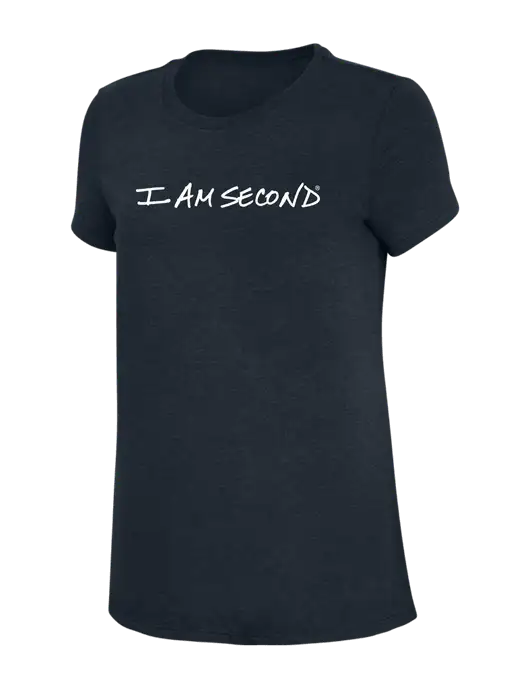 Womens Simply Soft Navy 4.5oz Poly/Combed Ring Spun Cotton T-Shirt w/I Am Second Logo