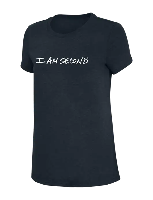 Womens Simply Soft Navy 4.5oz Poly/Combed Ring Spun Cotton T-Shirt w/I Am Second Logo