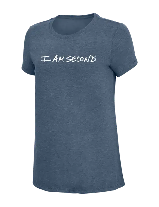 Womens Simply Soft Navy Frost 4.5oz  Poly/Combed Ring Spun Cotton T-Shirt w/I Am Second Logo