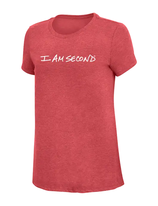 Womens Simply Soft Red Frost 4.5oz Poly/Combed Ring Spun Cotton T-Shirt w/I Am Second Logo
