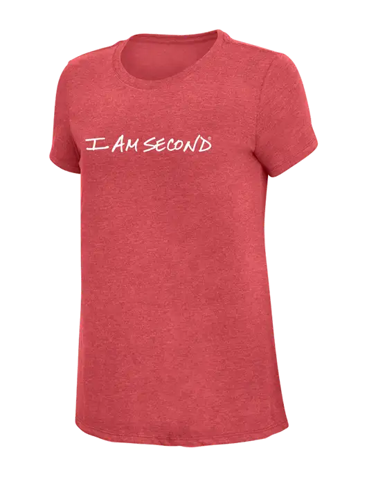 Womens Simply Soft Red Frost 4.5oz Poly/Combed Ring Spun Cotton T-Shirt w/I Am Second Logo